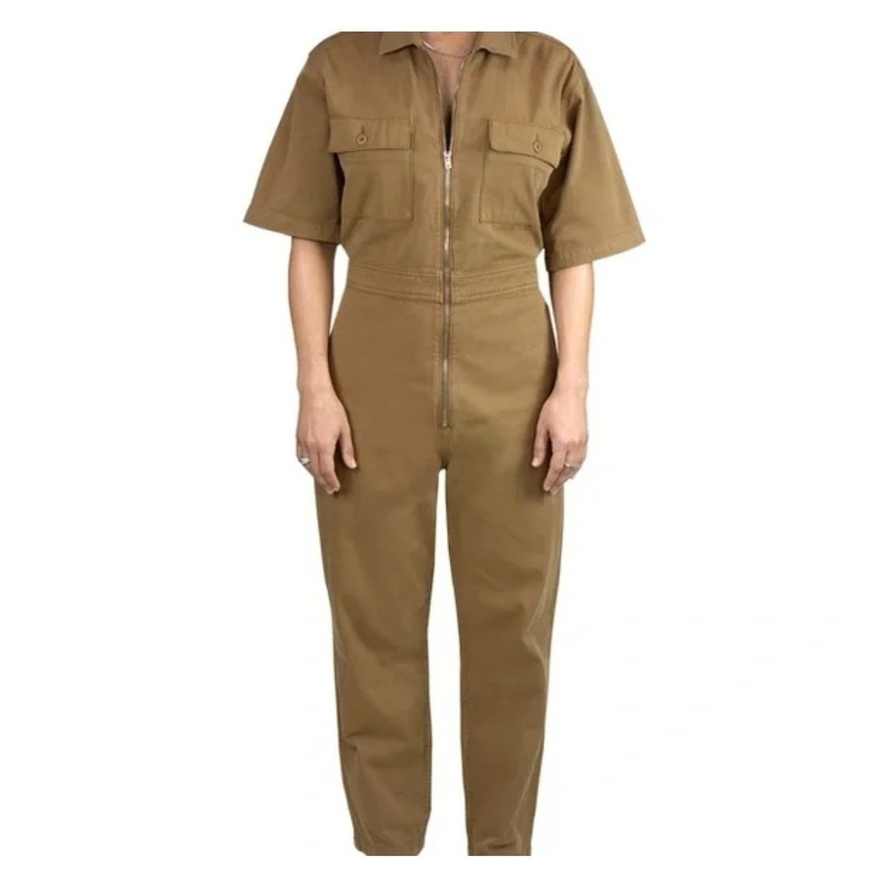 DSTLD x Sundry Brown Utility Coveralls Jumpsuit XS Sleeve Zip Pockets Anthro